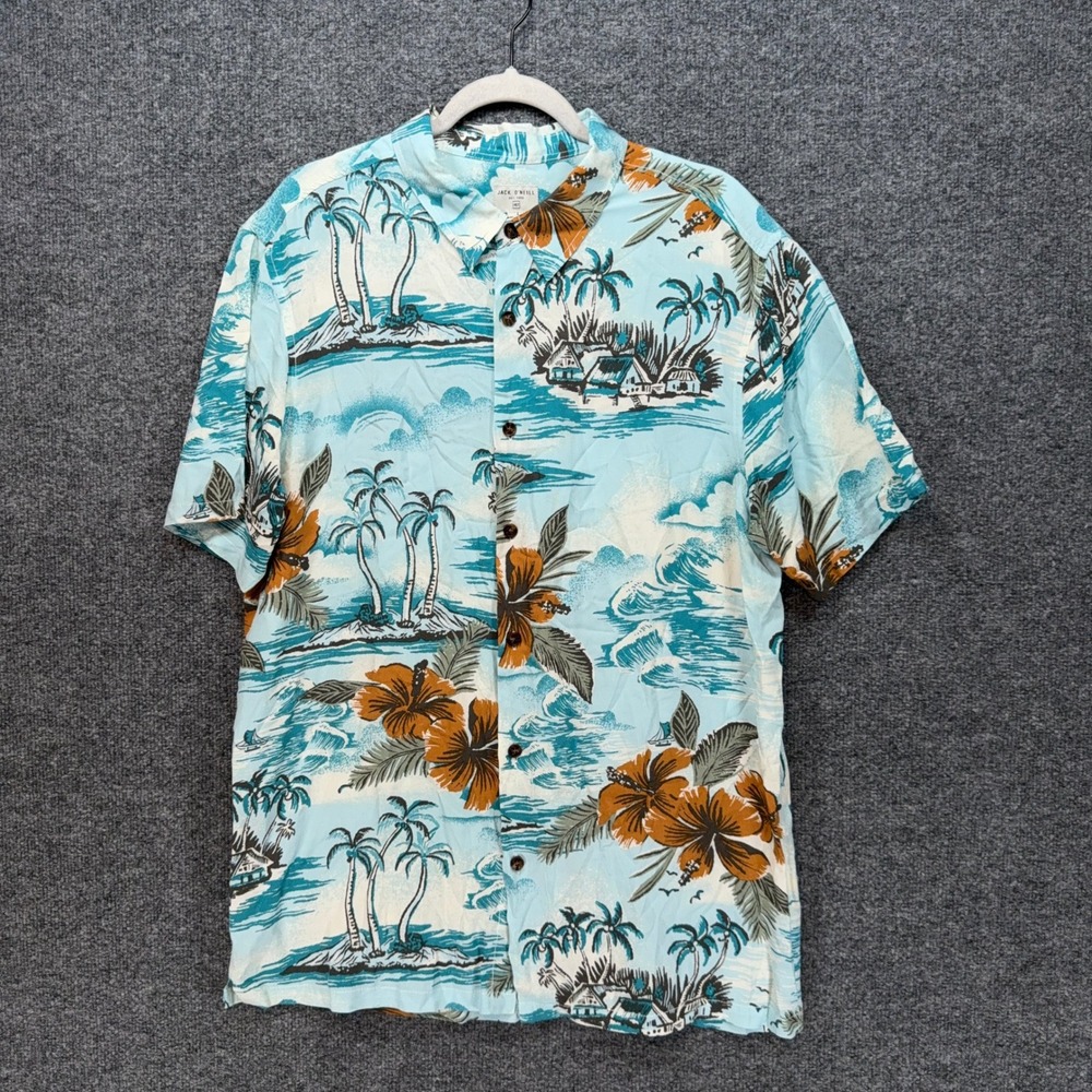 Jack Oneill Shirt Mens Large Blue Tropical Hibiscus Palm Tree Button Up Hawaiian